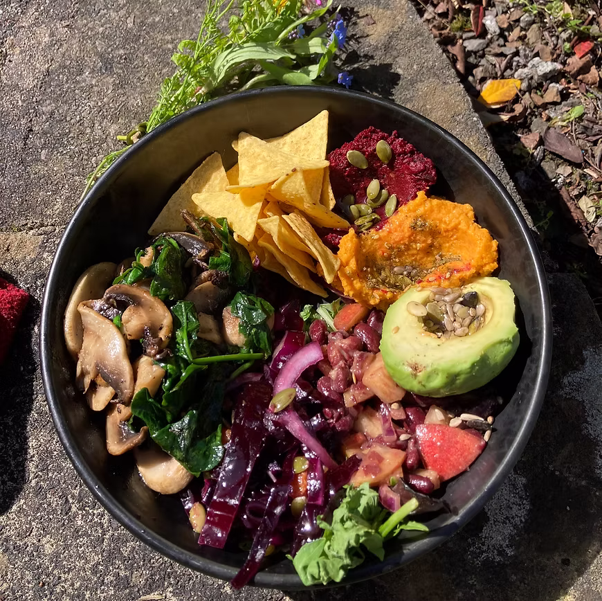 Colourful Mediterranean-inspired dish at Feast restaurant, Kirkcudbright, Dumfries and Galloway