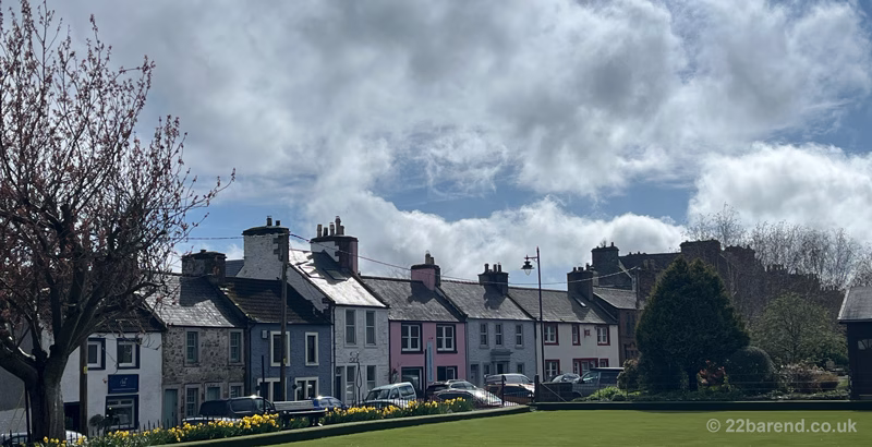 A row of colourful traditional houses and spring daffodils overlooking the bowling green in Wigtown, Scotland.