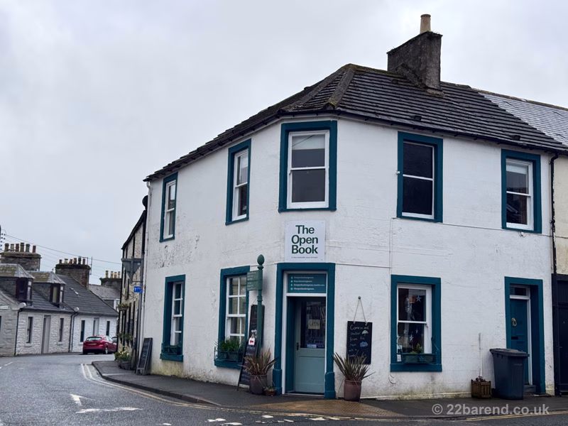 The Open Book shop on a quiet street corner in Wigtown, the National Book Town of Scotland.