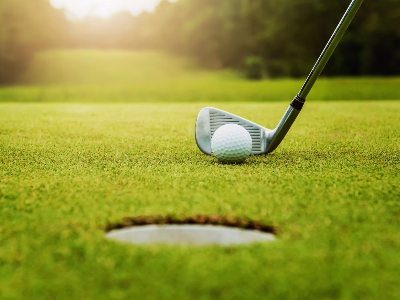 A golf ball and iron club on the green at Craigieknowes Golf Club, an informal 9-hole course located an 8-minute drive from Serenity 22 Barend.