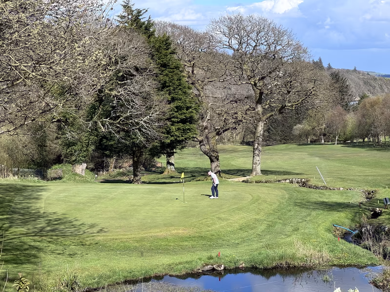 A golfer putting on the green at Colvend Golf Club near Caddie's Cove Bistro, surrounded by mature trees with a small stream in the foreground.